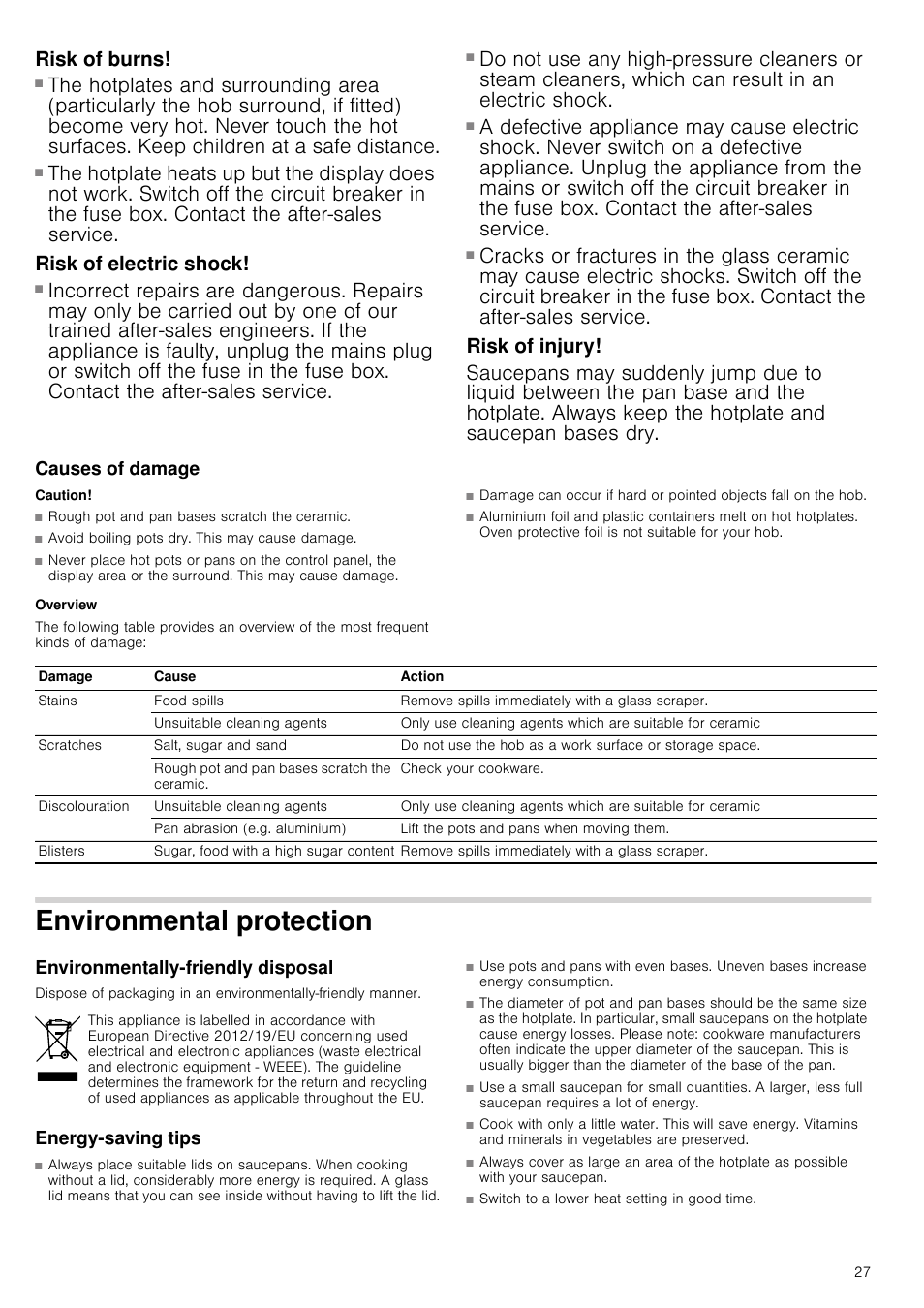 Risk of burns, Risk of electric shock, Risk of injury | Causes of damage, Caution, Overview, Environmental protection, Environmentally-friendly disposal, Energy-saving tips | Neff T13D42N2 User Manual | Page 27 / 48