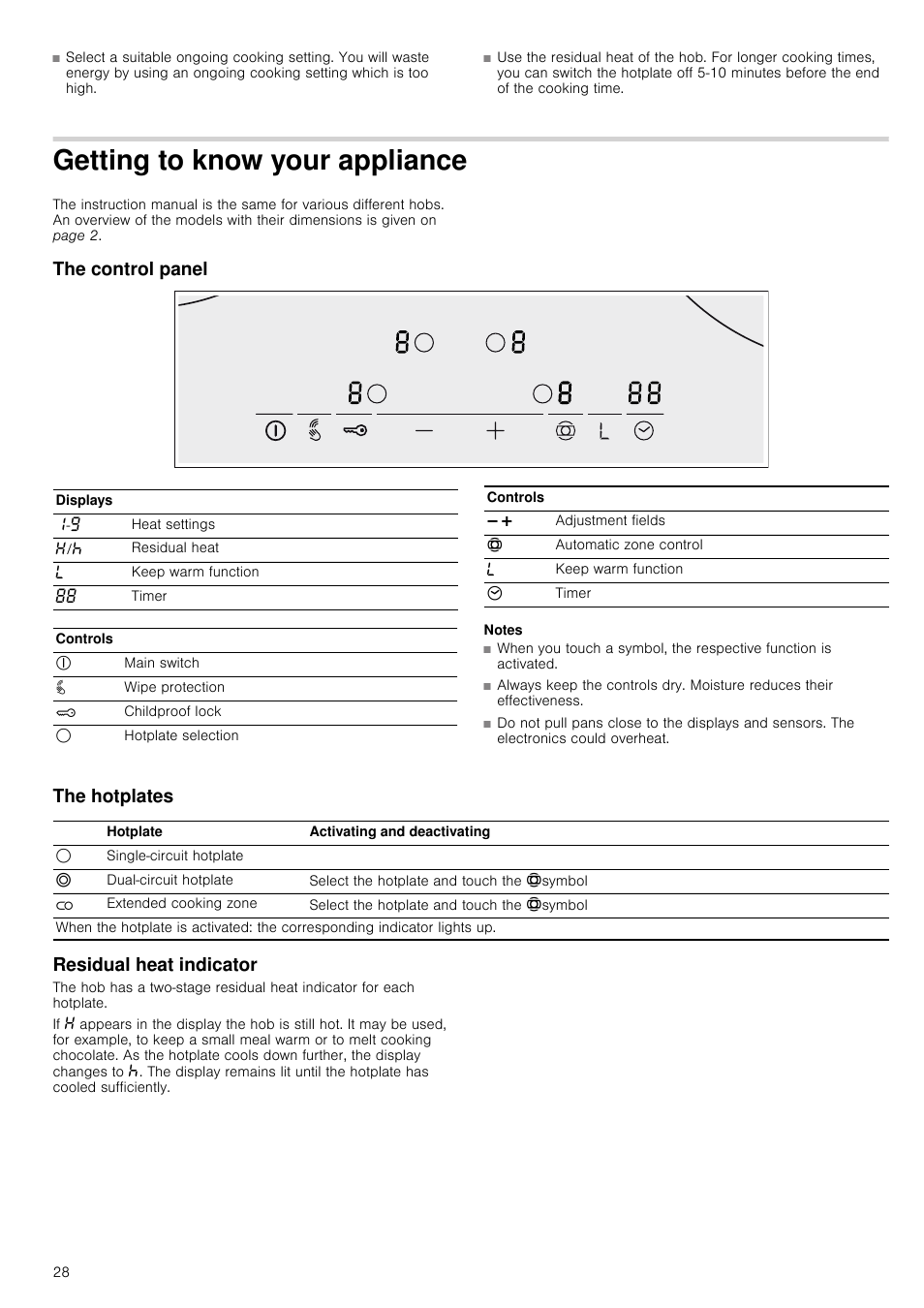 Getting to know your appliance, The control panel, Notes | The hotplates, Residual heat indicator, The hotplates residual heat indicator | Neff T13D42N2 User Manual | Page 28 / 48