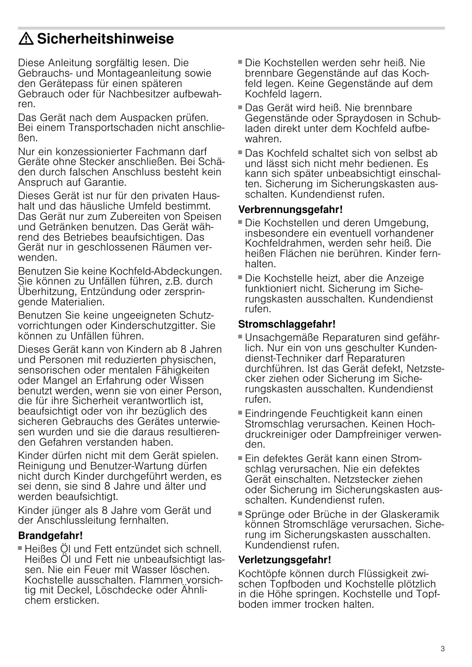 Sicherheitshinweise, Brandgefahr, Verbrennungsgefahr | Stromschlaggefahr, Verletzungsgefahr, Weise | Neff T13D42N2 User Manual | Page 3 / 48