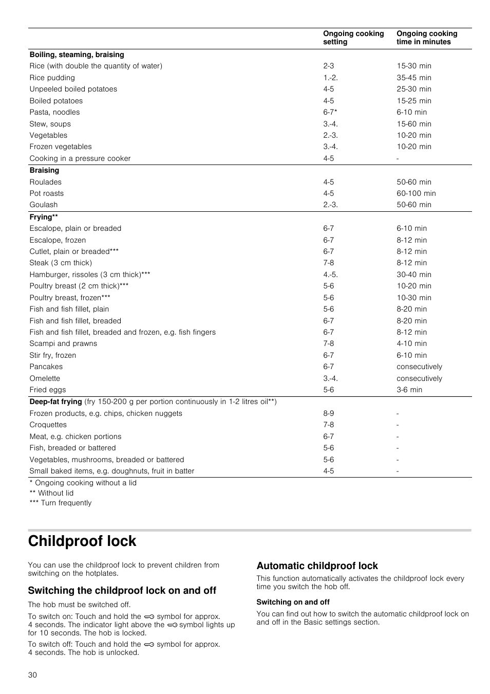 Childproof lock, Switching the childproof lock on and off, Automatic childproof lock | Switching on and off | Neff T13D42N2 User Manual | Page 30 / 48