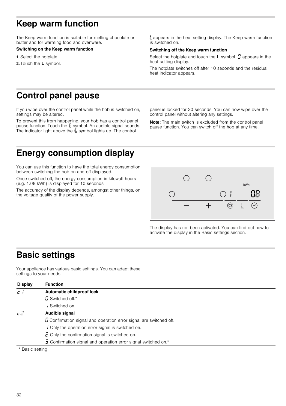 Keep warm function, Select the hotplate, Touch the l symbol | Control panel pause, Note, Energy consumption display, Basic settings, Rm function control panel pause, Ttings | Neff T13D42N2 User Manual | Page 32 / 48