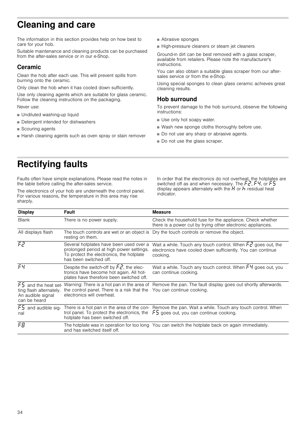 Cleaning and care, Ceramic, Hob surround | Rectifying faults, E ceramic | Neff T13D42N2 User Manual | Page 34 / 48