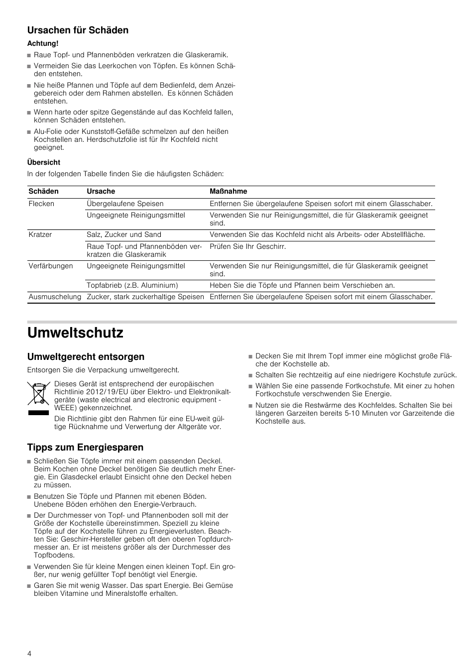 Ursachen für schäden, Achtung, Übersicht | Umweltschutz, Umweltgerecht entsorgen, Tipps zum energiesparen, Weltschutz | Neff T13D42N2 User Manual | Page 4 / 48