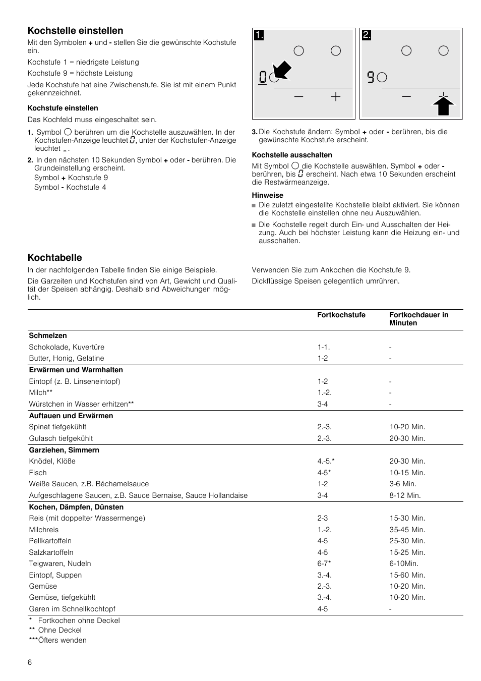 Kochstelle einstellen, Kochstufe einstellen, Symbol + kochstufe 9 | Symbol - kochstufe 4, Kochstelle ausschalten, Hinweise, Kochtabelle | Neff T13D42N2 User Manual | Page 6 / 48