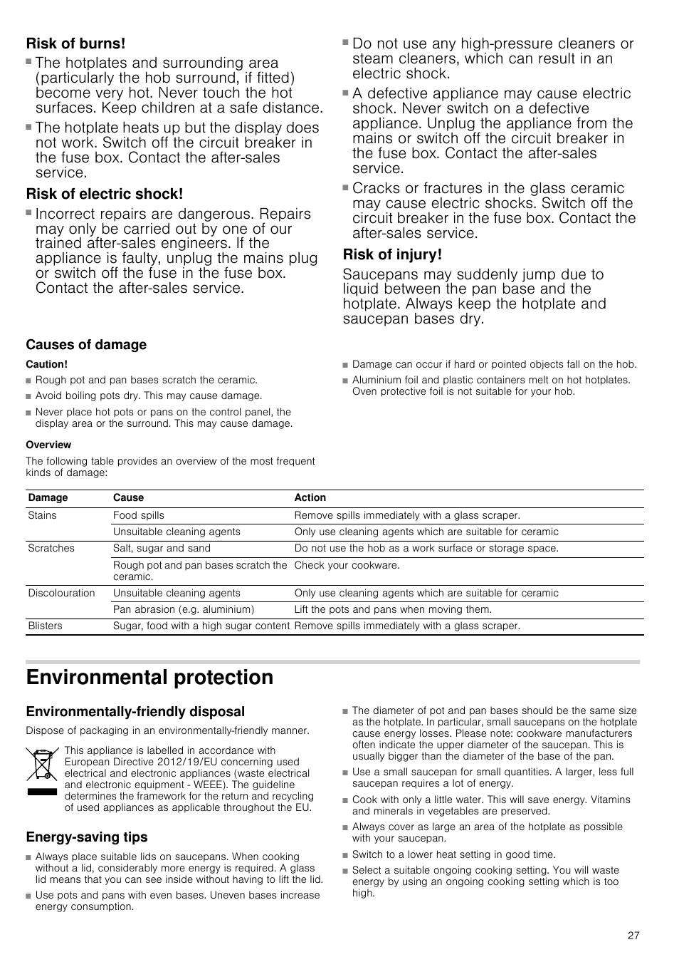 Risk of burns, Risk of electric shock, Risk of injury | Causes of damage, Caution, Overview, Environmental protection, Environmentally-friendly disposal, Energy-saving tips | Neff T13D83N2 User Manual | Page 27 / 48
