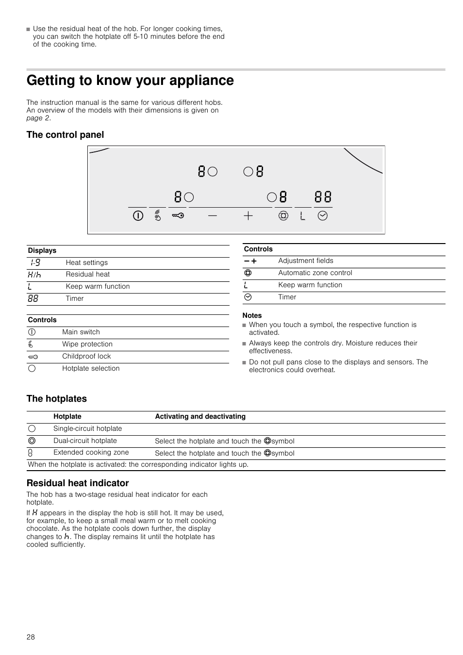 Getting to know your appliance, The control panel, Notes | The hotplates, Residual heat indicator, The hotplates residual heat indicator | Neff T13D83N2 User Manual | Page 28 / 48