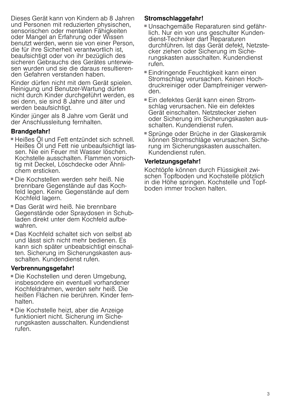 Brandgefahr, Verbrennungsgefahr, Stromschlaggefahr | Verletzungsgefahr | Neff T13D83N2 User Manual | Page 3 / 48