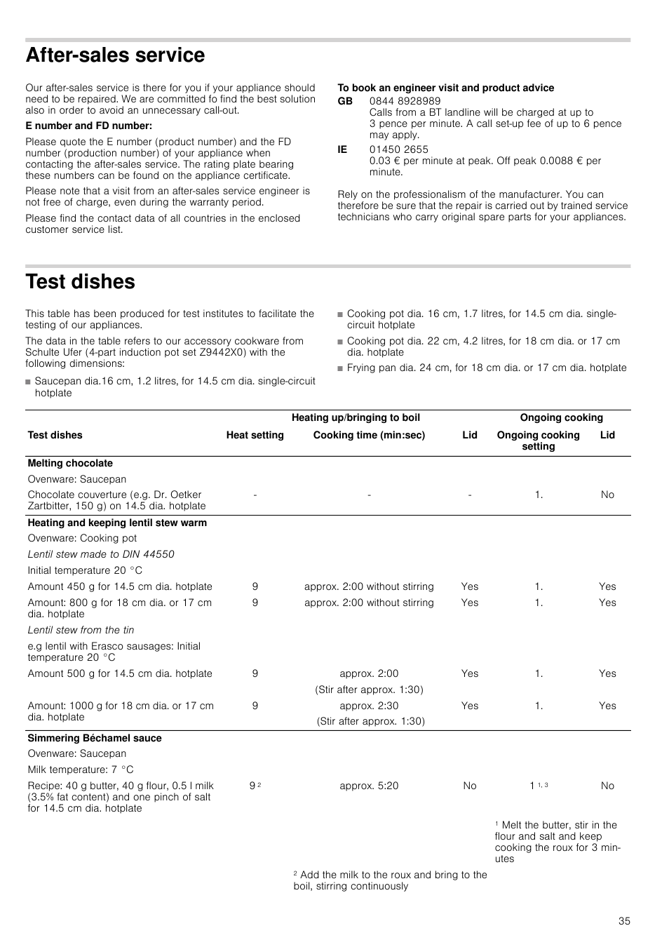 After-sales service, To book an engineer visit and product advice, Test dishes | Approx. 2:00 without stirring, Approx. 2:00, Stir after approx. 1:30), Approx. 2:30, Approx. 5:20 | Neff T13D83N2 User Manual | Page 35 / 48