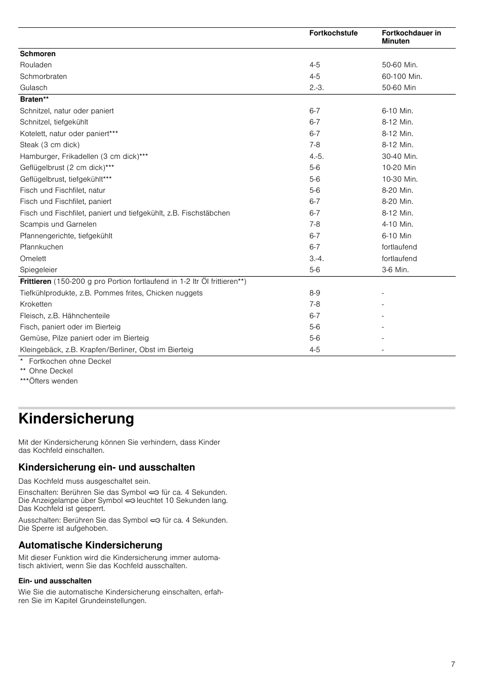 Kindersicherung, Kindersicherung ein- und ausschalten, Automatische kindersicherung | Ein- und ausschalten | Neff T13D83N2 User Manual | Page 7 / 48