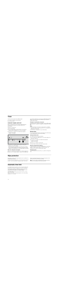 Timer, Automatic hotplate switch-off, Set the heat setting | Touch the + or - symbol. the default value appears, When the cooking time has elapsed, Changing or cancelling the cooking time, Notes, Kitchen timer, Setting the kitchen timer, Use the + or - symbol to set the time | Neff N14D30N2 User Manual | Page 16 / 60