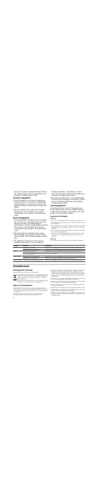 Verbrennungsgefahr, Stromschlaggefahr, Verletzungsgefahr | Ursachen für schäden, Achtung, Übersicht, Umweltschutz, Umweltgerecht entsorgen, Tipps zum energiesparen | Neff N14D30N2 User Manual | Page 20 / 60