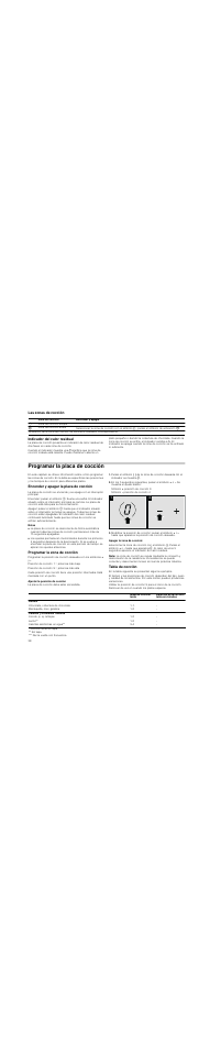 Las zonas de cocción, Indicador del calor residual, Programar la placa de cocción | Encender y apagar la placa de cocción, Notas, Programar la zona de cocción, Ajustar la posición de cocción, Apagar la zona de cocción, Nota, Tabla de cocción | Neff N14D30N2 User Manual | Page 38 / 60