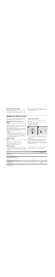 Indicateur de chaleur résiduelle, Réglage de la table de cuisson, Mettre la table de cuisson sous et hors tension | Remarques, Réglage d'un foyer, Réglage de la position de chauffe, Eteindre le foyer, Remarque, Tableau de cuisson | Neff N14D30N2 User Manual | Page 5 / 60