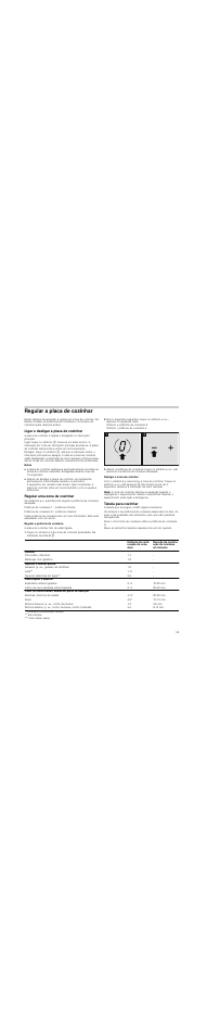 Regular a placa de cozinhar, Ligar e desligar a placa de cozinhar, Notas | Regular uma zona de cozinhar, Regular a potência de cozedura, Desligar a zona de cozinhar, Nota, Tabela para cozinhar | Neff N14D30N2 User Manual | Page 55 / 60