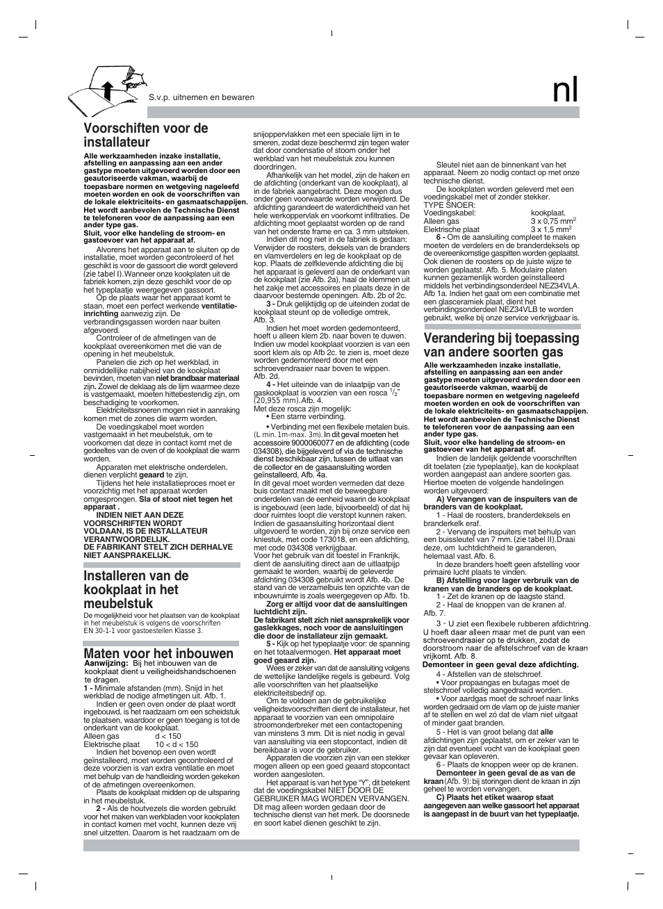 Voorschiften voor de installateur, Verandering bij toepassing van andere soorten gas | Neff N13K30N0 User Manual | Page 10 / 16