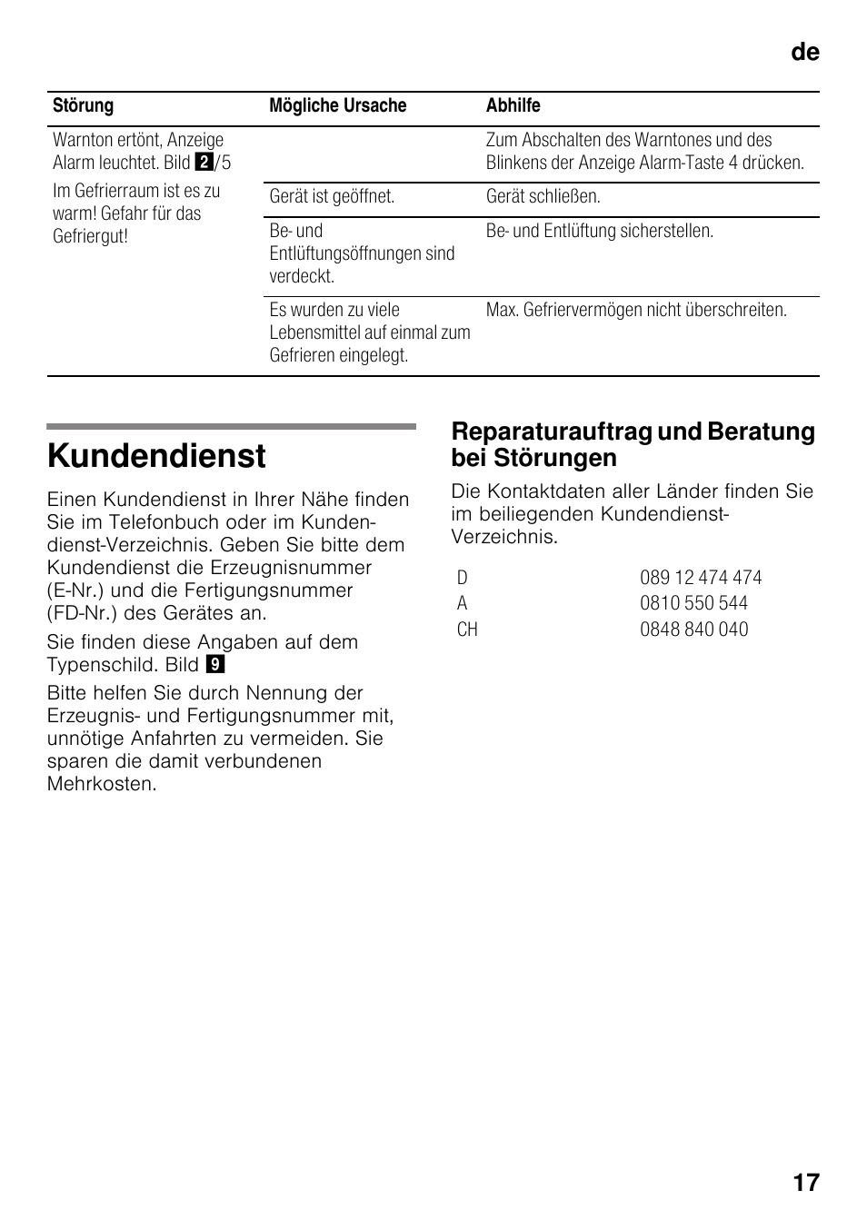 Kundendienst, Reparaturauftrag und beratung bei störungen, De 17 | Neff G4344X8 User Manual | Page 17 / 77