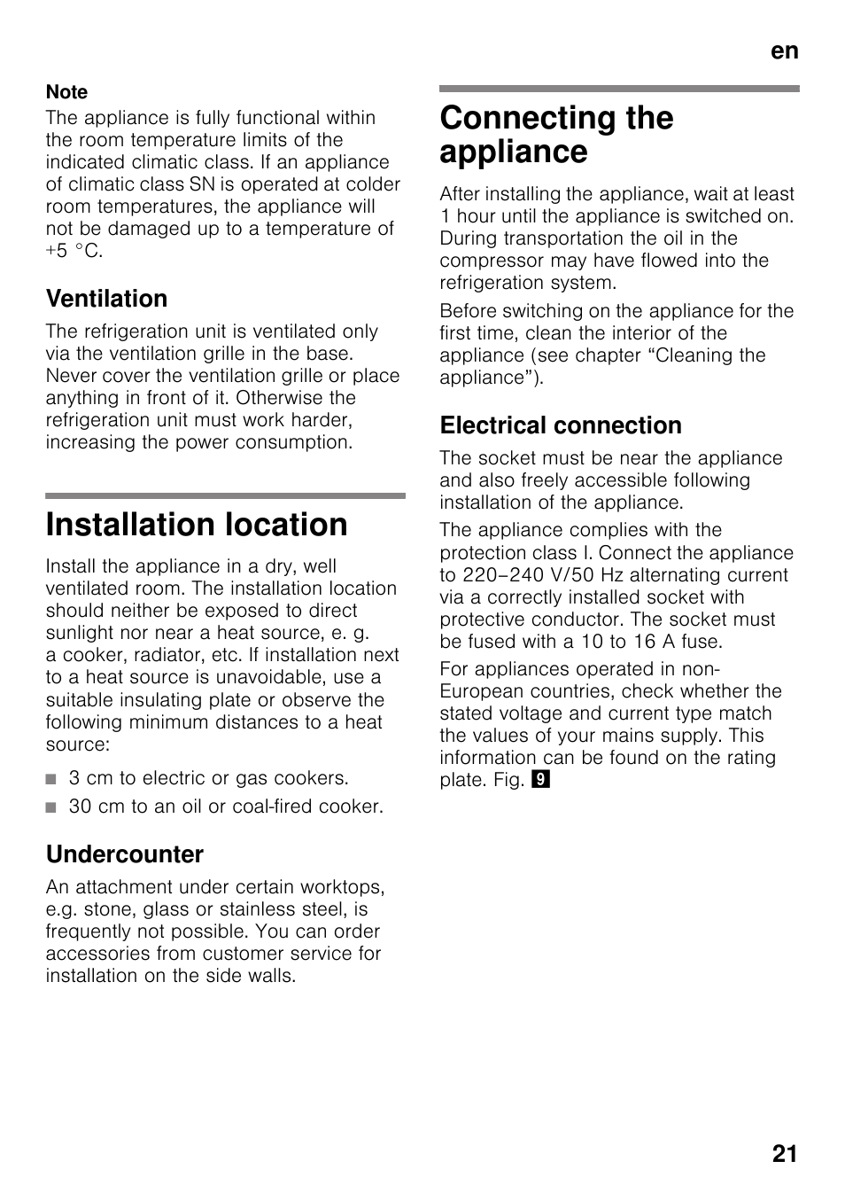 Ventilation, Installation location, 3 cm to electric or gas cookers | 30 cm to an oil or coal-fired cooker, Undercounter, Connecting the appliance, Electrical connection, Installation location connecting the appliance, En 21 | Neff G4344X8 User Manual | Page 21 / 77