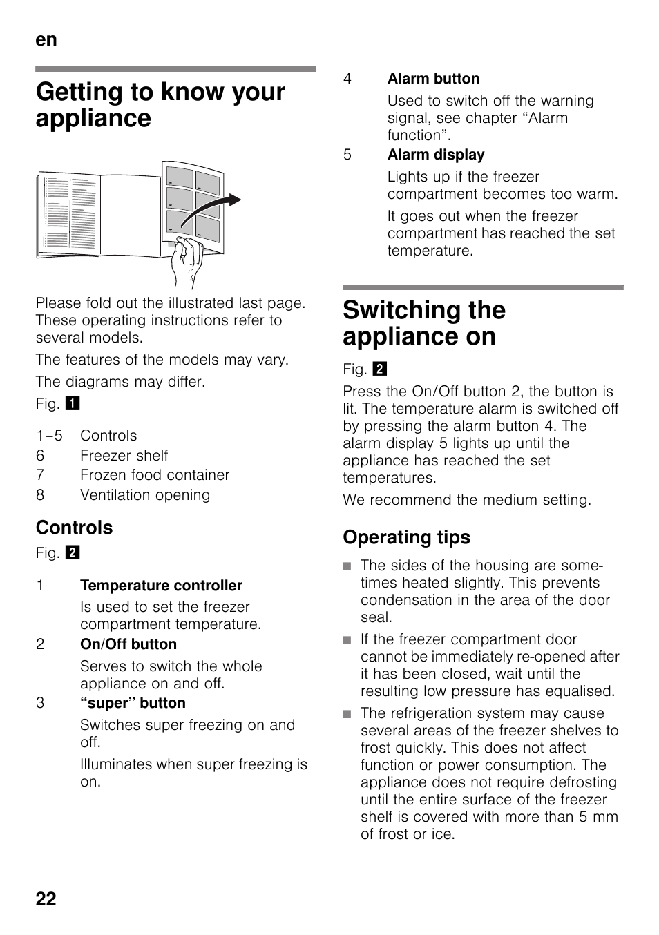 Getting to know your appliance, Controls, Switching the appliance on | Operating tips, En 22 | Neff G4344X8 User Manual | Page 22 / 77