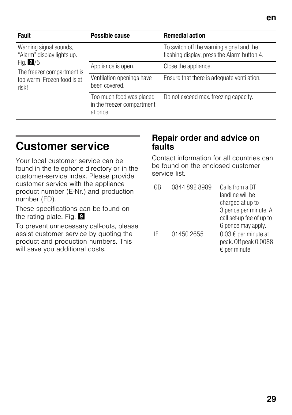 Customer service, Repair order and advice on faults, En 29 | Neff G4344X8 User Manual | Page 29 / 77