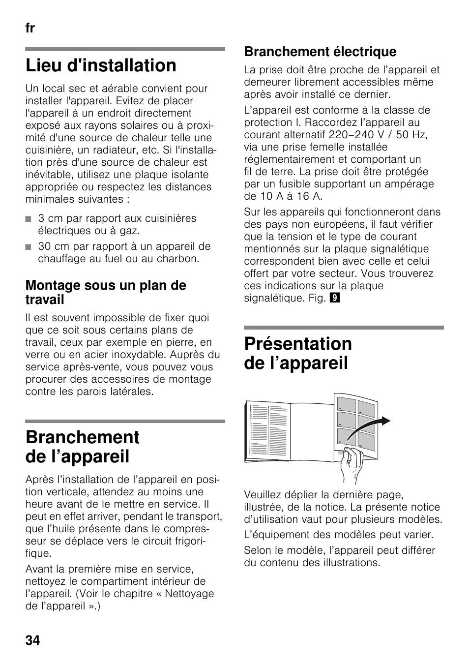 Lieu d'installation, Montage sous un plan de travail, Branchement de l’appareil | Branchement électrique, Présentation de l’appareil, Fr 34 | Neff G4344X8 User Manual | Page 34 / 77