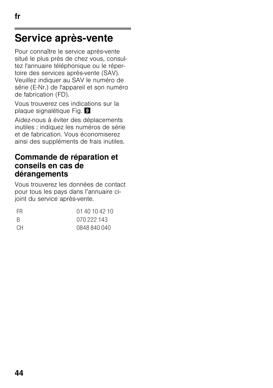 Service après-vente, Fr 44 | Neff G4344X8 User Manual | Page 44 / 77