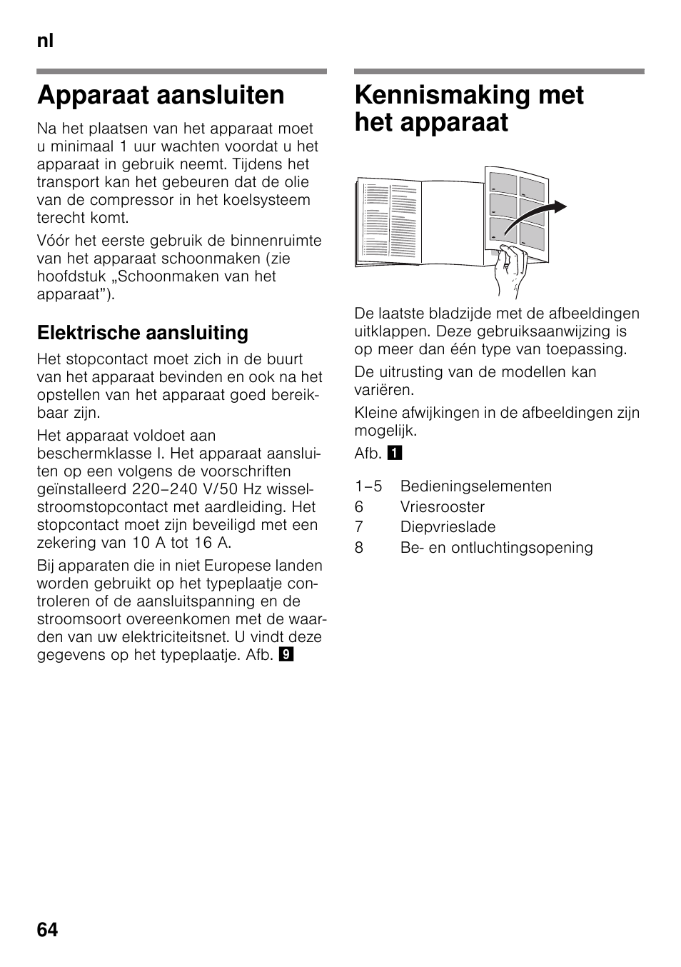 Apparaat aansluiten, Elektrische aansluiting, Kennismaking met het apparaat | Apparaat aansluiten kennismaking met het apparaat, Nl 64 | Neff G4344X8 User Manual | Page 64 / 77