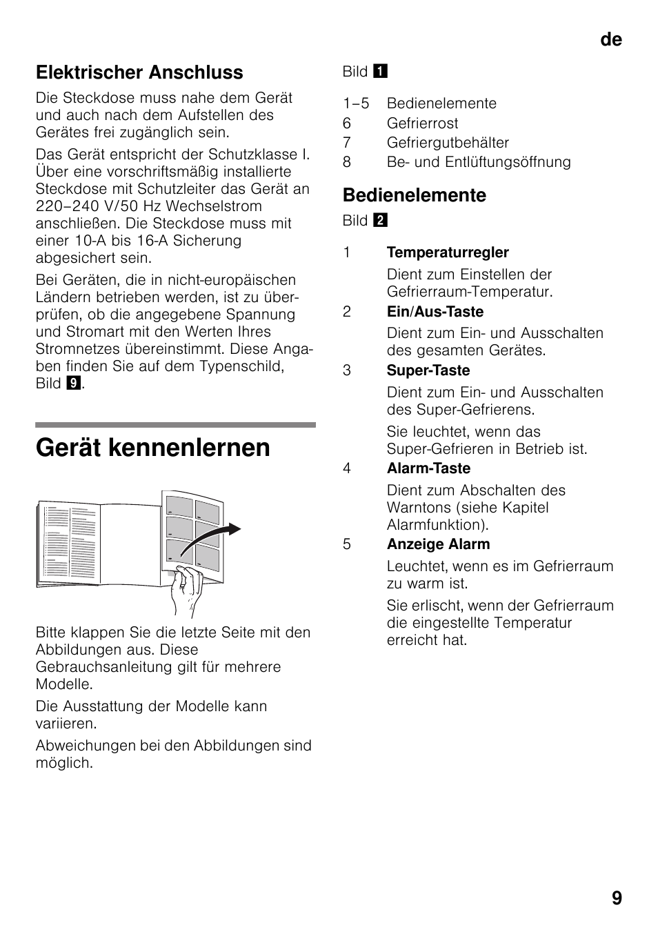 Elektrischer anschluss, Gerät kennenlernen, Bedienelemente | De 9 elektrischer anschluss | Neff G4344X8 User Manual | Page 9 / 77