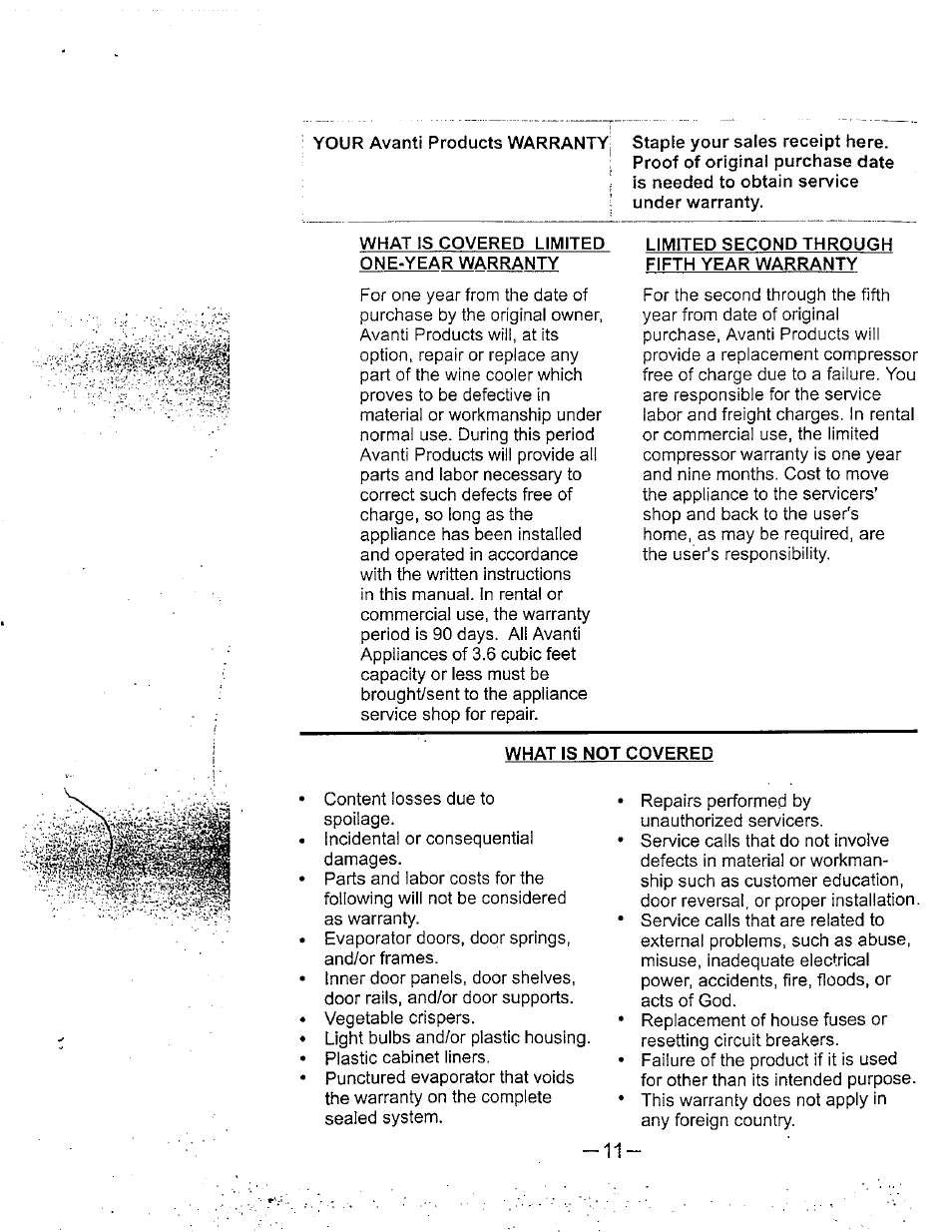 What is covered limited one-year warranty, Limited second through fifth year warranty, What is not covered | Avanti WC400CL User Manual | Page 11 / 12