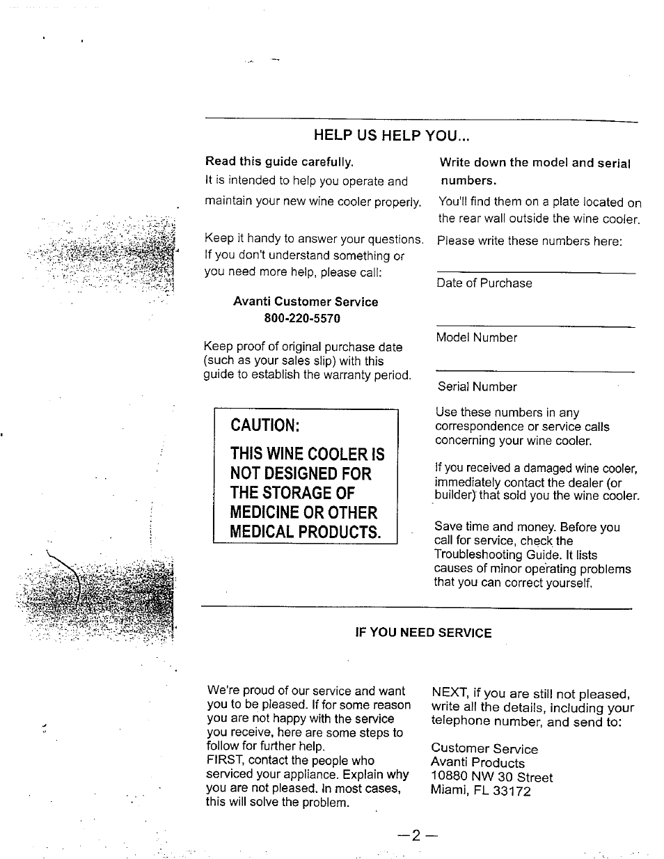 Help us help you, Read this guide carefully, Write down the model and serial numbers | If you need service | Avanti WC400CL User Manual | Page 3 / 12