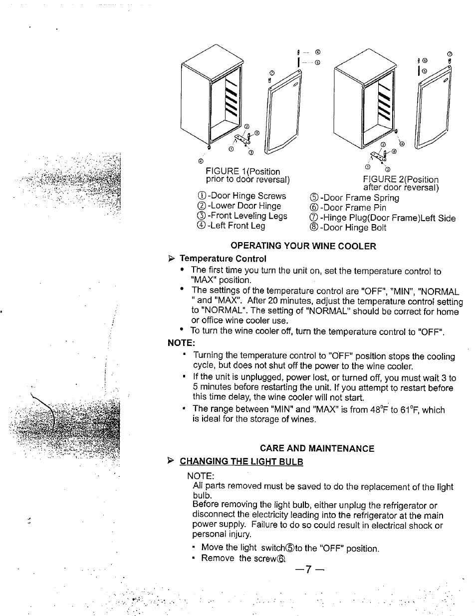 Operating your wine cooler, Care and maintenance, Changing the light bulb | Avanti WC400CL User Manual | Page 8 / 12