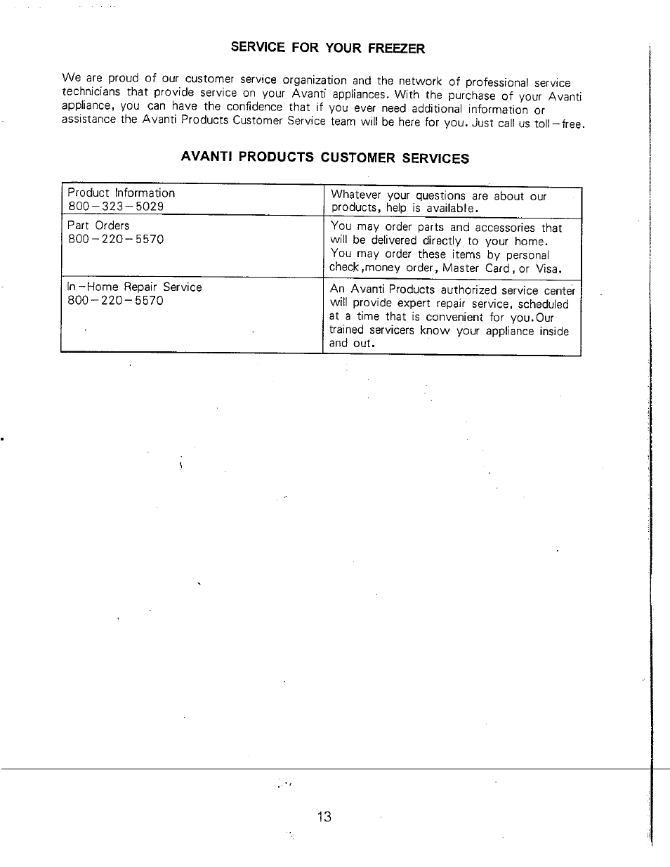 Service for your freezer, Avanti products customer services | Avanti CF102Y User Manual | Page 13 / 17