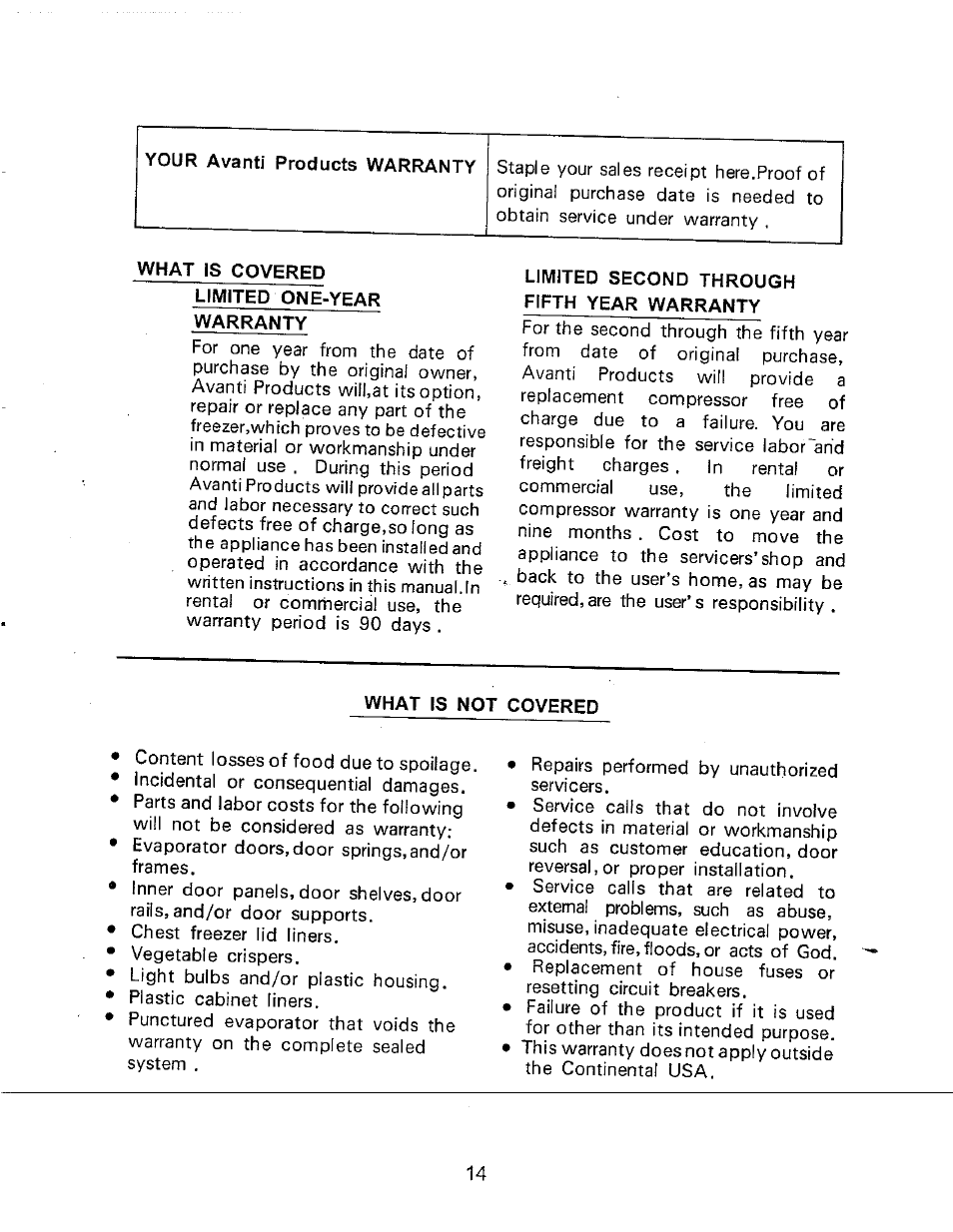 Your avanti products warranty, What is covered, Limited one-year warranty | Limited second through fifth year warranty, What is not covered | Avanti CF102Y User Manual | Page 14 / 17