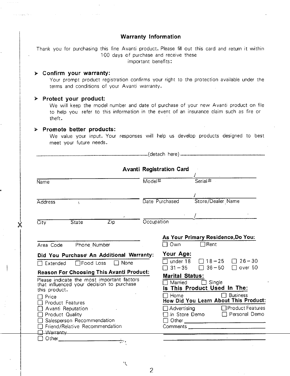 Warranty information, Protect your product, Promote better products | Your age, Marital status, Is this product used in the | Avanti CF102Y User Manual | Page 2 / 17