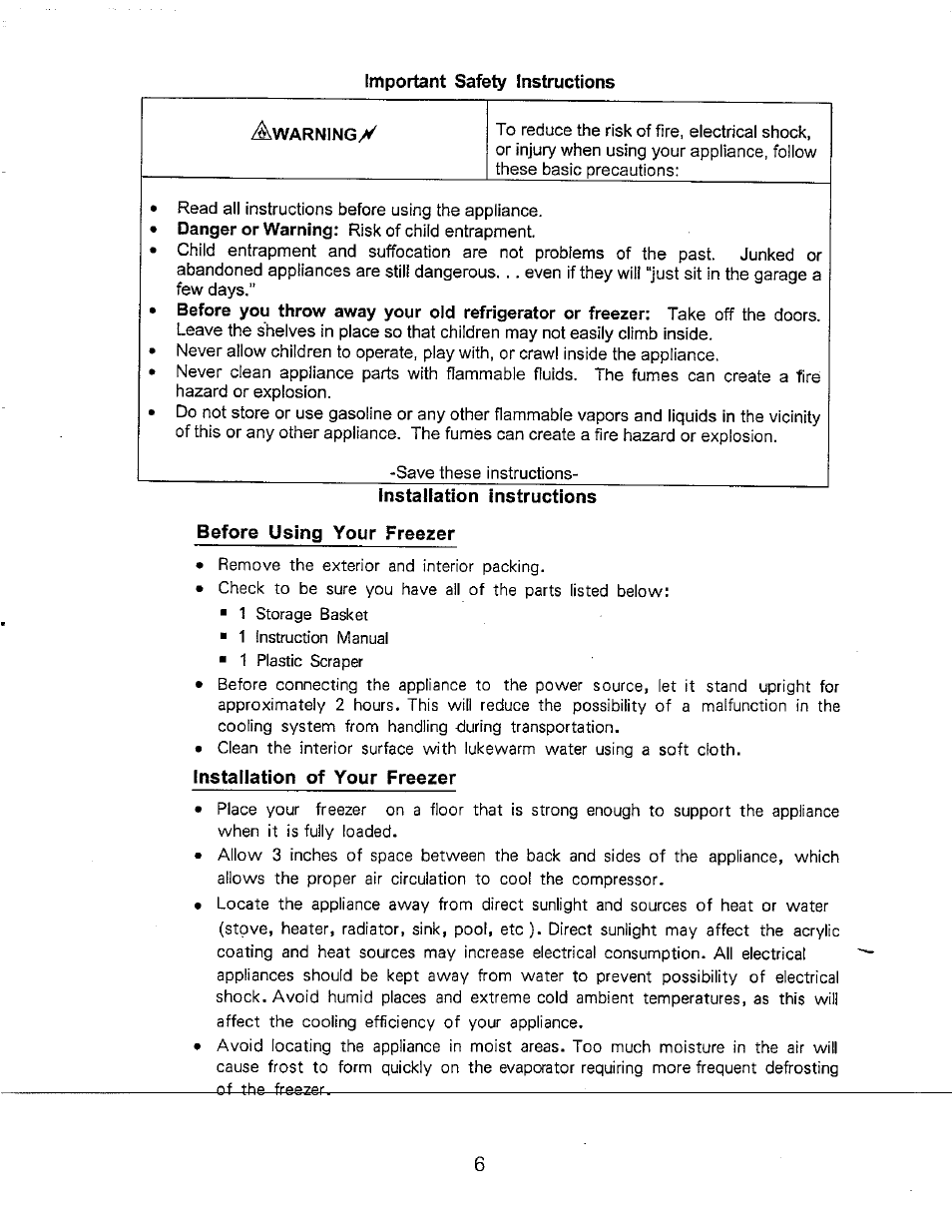 Important safety instructions, Before using your freezer, Installation of your freezer | Avanti CF102Y User Manual | Page 6 / 17