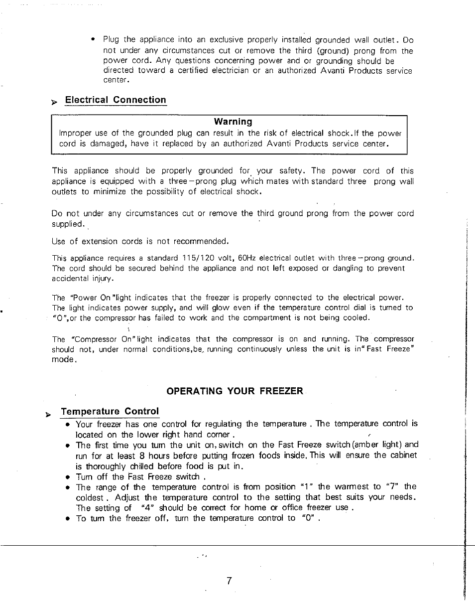 Electrical connection, Warning, Operating your freezer | Temperature control | Avanti CF102Y User Manual | Page 7 / 17