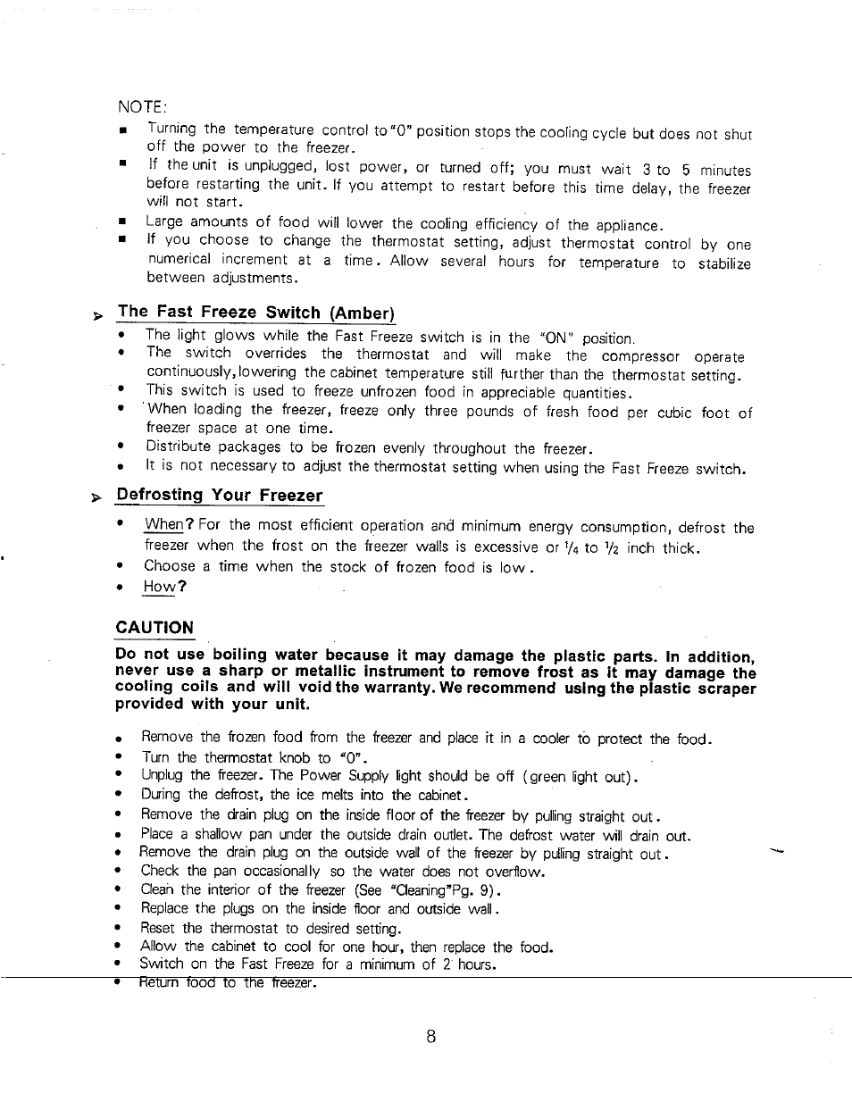 The fast freeze switch (amber), Defrosting your freezer, Caution | Avanti CF102Y User Manual | Page 8 / 17