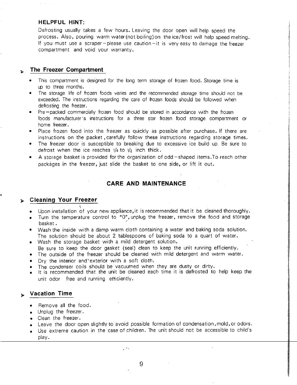 Helpful hint, The freezer compartment, Care and maintenance | Cleaning your freezer, Vacation time | Avanti CF102Y User Manual | Page 9 / 17