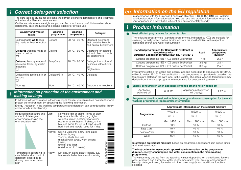 Laundry and type of, Textile, Product information | Information on the eu regulation, Correct detergent selection | Neff W5440X1GB User Manual | Page 2 / 2