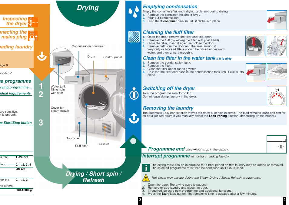 Drying, Drying / short spin / refresh, Inspecting the dryer sorting and loading laundry | Selecting and adjusting the programme, Connecting the mains plug, Emptying condensation, Cleaning the fluff filter, Clean the filter in the water tank, Switching off the dryer, Removing the laundry | Neff R8580X1GB User Manual | Page 4 / 10