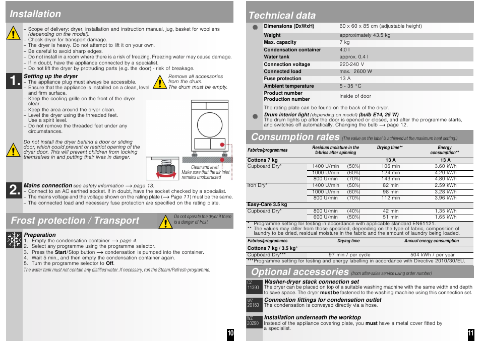 Installation, Frost protection / transport, Technical data | Consumption rates, Optional accessories, ʠ ʠ ʠ | Neff R8580X1GB User Manual | Page 8 / 10