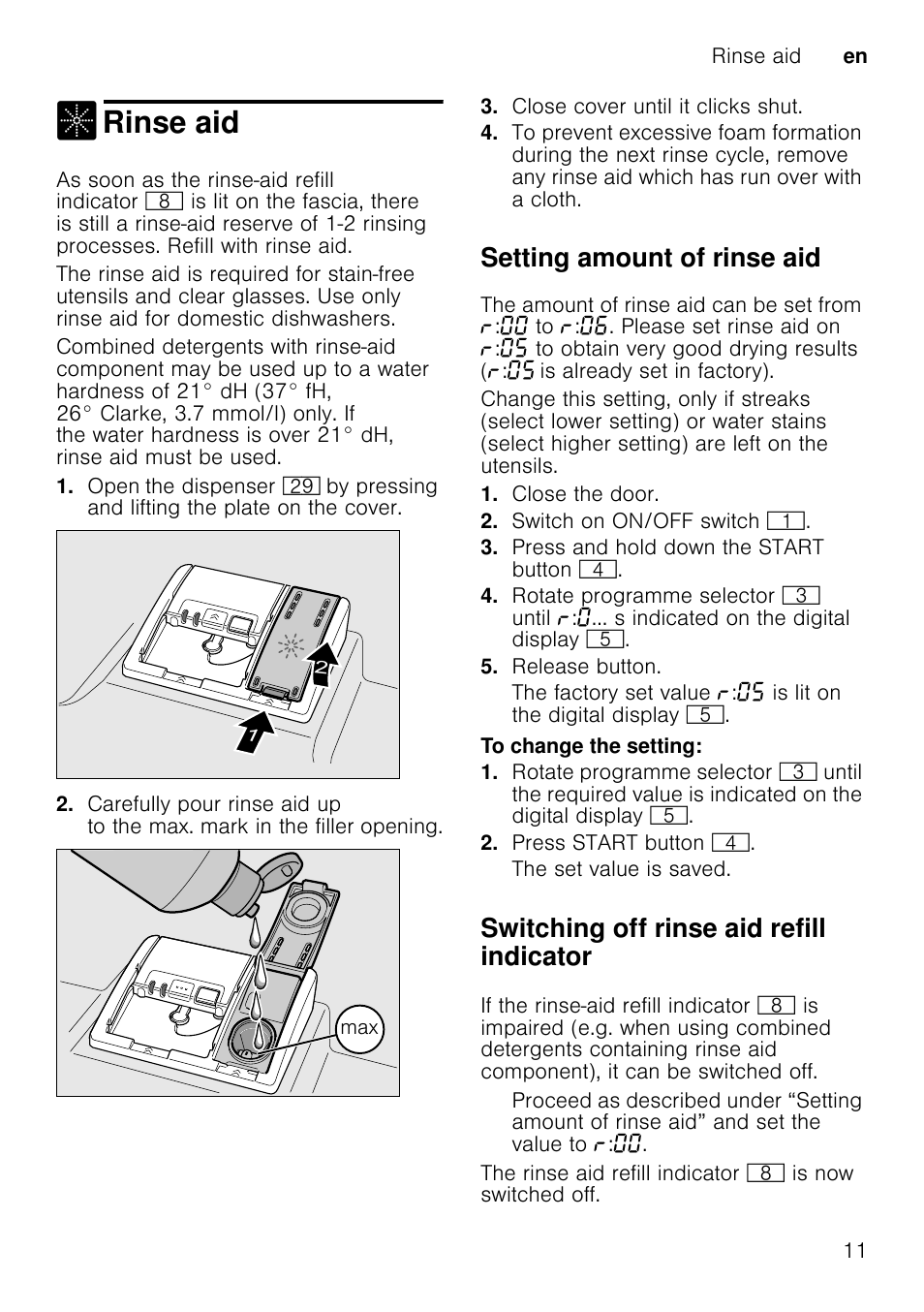 Cups and glasses, Top basket 1, Note | Pans, Bottom basket 1b, Rinse aid, Setting amount of rinse aid, Switching off rinse aid refill indicator | Neff S41E50W0GB User Manual | Page 11 / 40