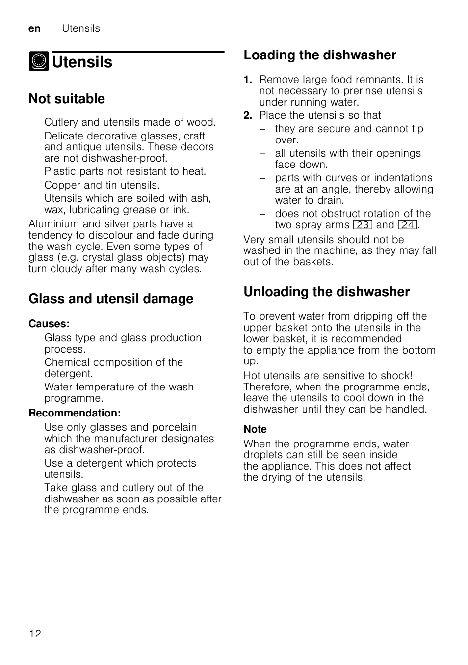 Cutlery basket, Etagereetagere, Folding spikesfolding spikes | Depending on model, Small accessories holder *small accessories holder, Utensils, Not suitable, Glass and utensil damage, Loading the dishwasher, Unloading the dishwasher | Neff S41E50W0GB User Manual | Page 12 / 40