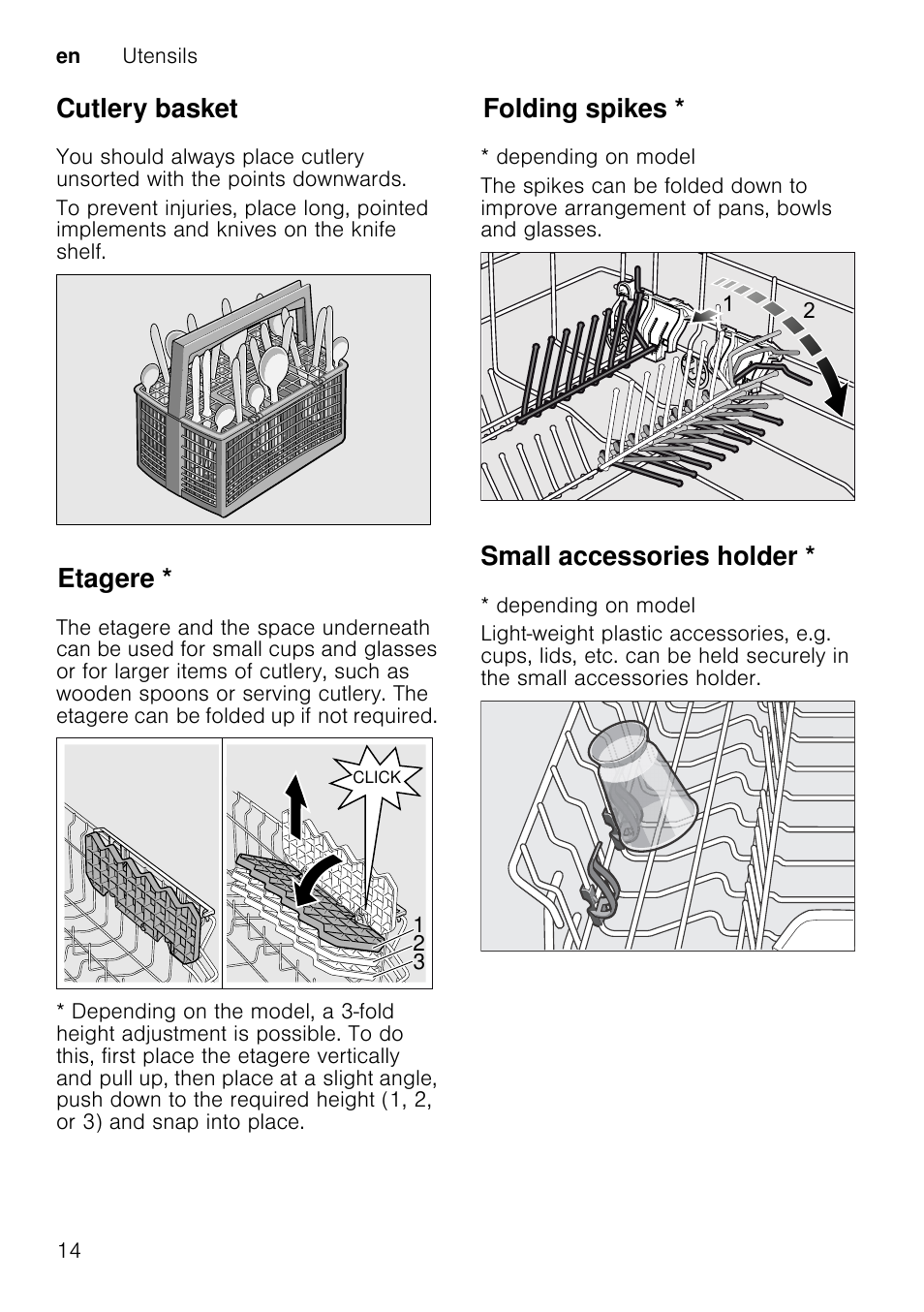 Detergent, Note, M warning | Adding detergent, Cutlery basket, Etagere, Folding spikes, Small accessories holder | Neff S41E50W0GB User Manual | Page 14 / 40