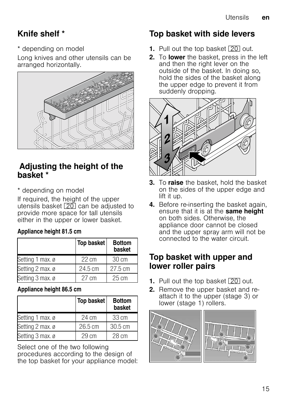 Combination detergent, M warning, Notes | Knife shelf, Adjusting the height of the basket, Top basket with side levers, Top basket with upper and lower roller pairs | Neff S41E50W0GB User Manual | Page 15 / 40