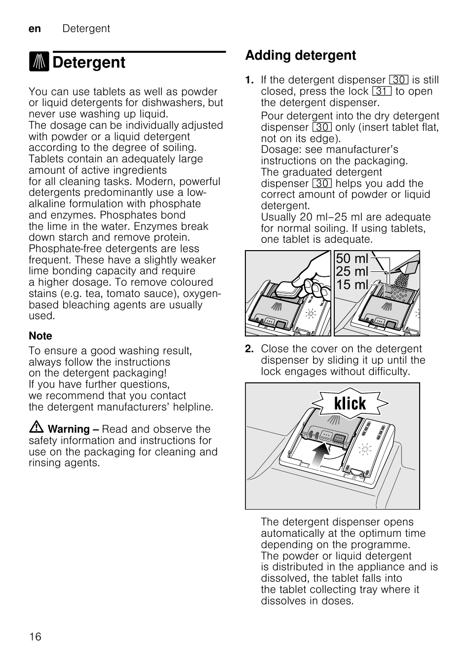 Overview of programmes, Type of utensils, Type of soiling | Programme, Possible additional options, Programme sequence, Detergent, Adding detergent, Po po po, En detergent 16 | Neff S41E50W0GB User Manual | Page 16 / 40