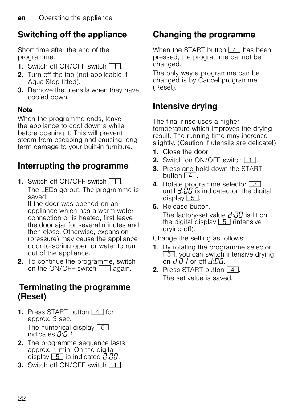 Filters, Spray arms, Unscrew the upper spray arm 1 | Remove the lower spray arm 1b upwards, Clean spray arms under running water, Re-engage or screw on spray arms, Switching off the appliance, Interrupting the programme, Terminating the programme (reset), Changing the programme | Neff S41E50W0GB User Manual | Page 22 / 40