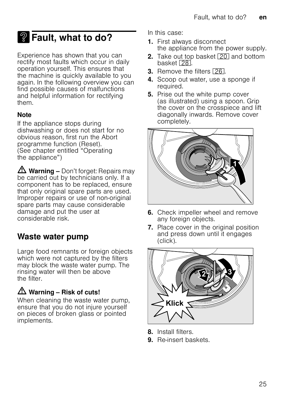Fault, what to do, Waste water pump, Olfn | Fault, what to do? en 25 | Neff S41E50W0GB User Manual | Page 25 / 40