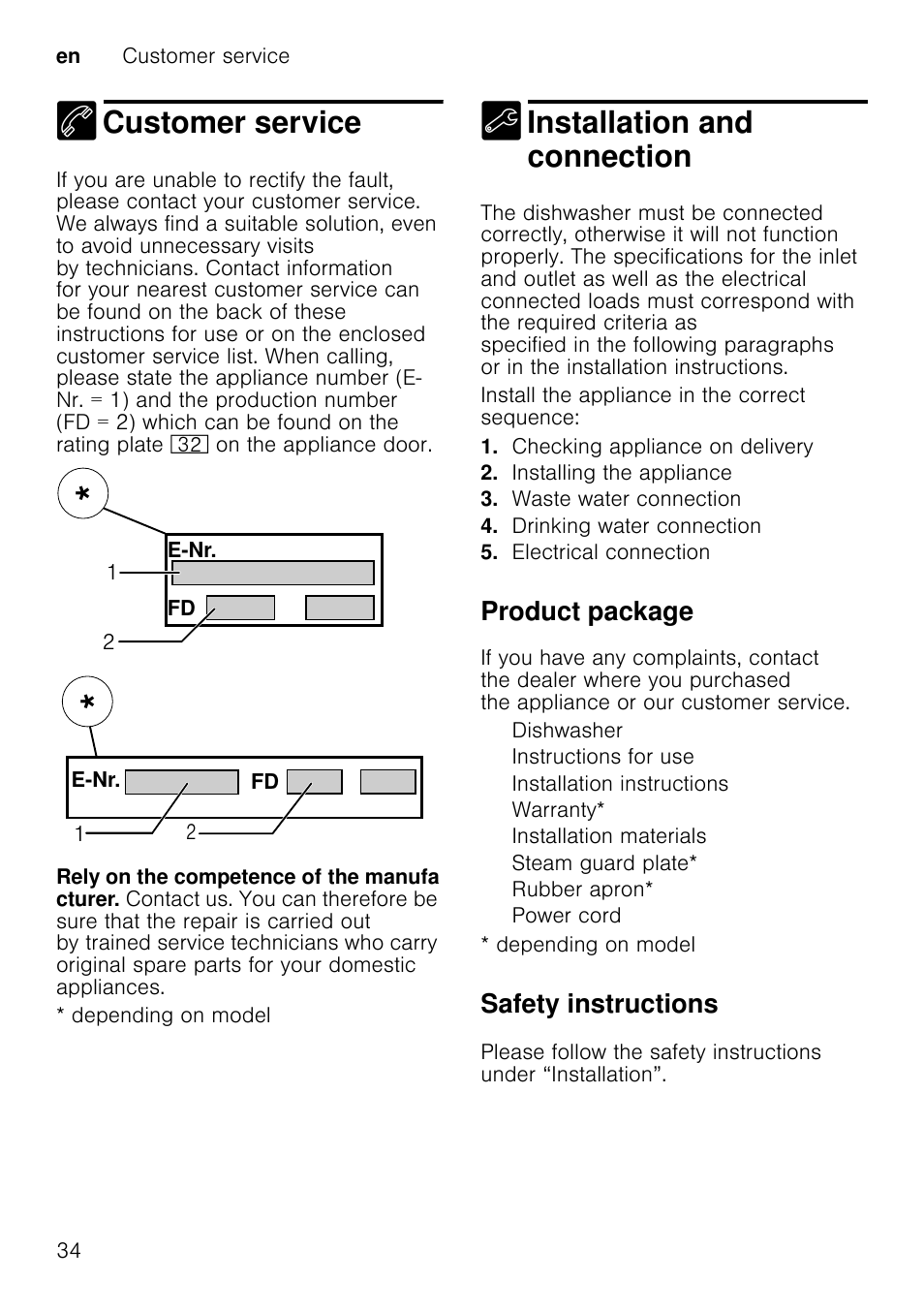 Drinking water connection, Water pressure, Inlet rate | Minimum 10 litres/minute, Water temperature, Note printing on the water inlet hose, For all other models, Warm water connectionwarm water connection, Depending on model, This will save energy and time | Neff S41E50W0GB User Manual | Page 34 / 40