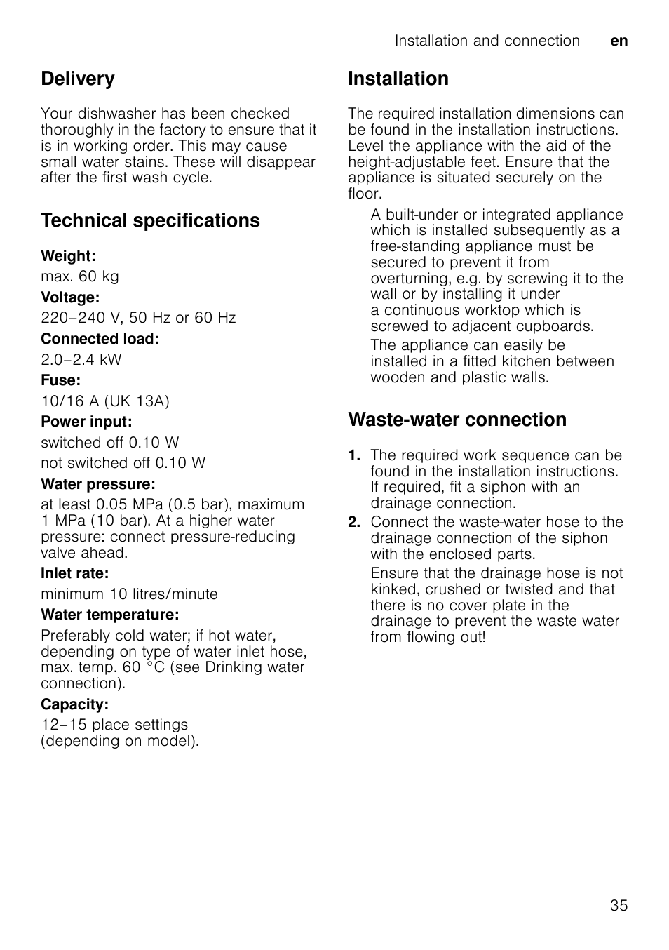Electrical connection, Removing the appliance, Also observe the sequence of worksteps here | Disconnect the appliance from the power supply, Turn off the water supply, Undo the waste water and drinking water connection, Loosen fastening screws for the furniture parts, If fitted, remove the base panel, Delivery, Technical specifications | Neff S41E50W0GB User Manual | Page 35 / 40