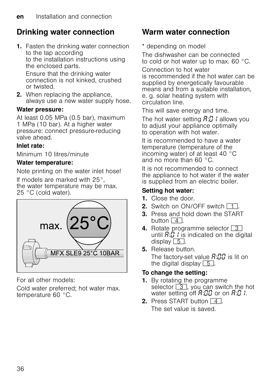 Transportation, Empty the dishwasher and secure loose parts, Turn on the tap | Close the door, Switch on on/off switch, Select programme with the highest temperature, Press start button, Switch off on/off switch, Transport appliance upright only, Drinking water connection | Neff S41E50W0GB User Manual | Page 36 / 40